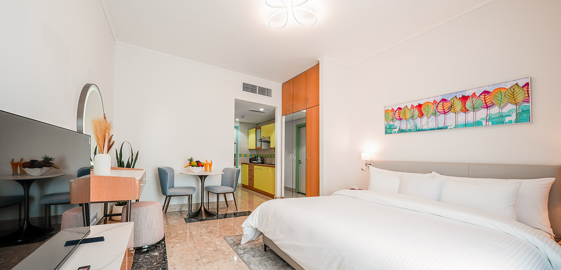 Al Bustan Centre studio suite with kitchenette for budget family stays