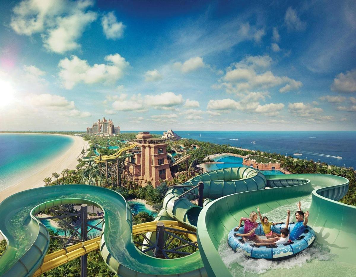 Atlantis The Palm Dubai with free Aquaventure Waterpark access for guests including kids slides and thrill rides
