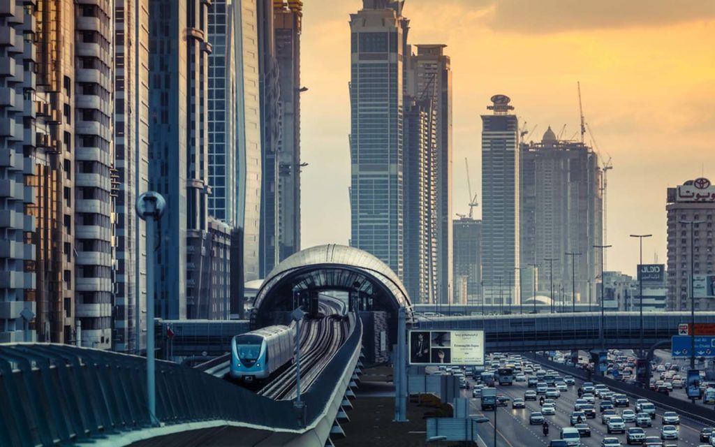Dubai Metro train and hotels with direct metro access