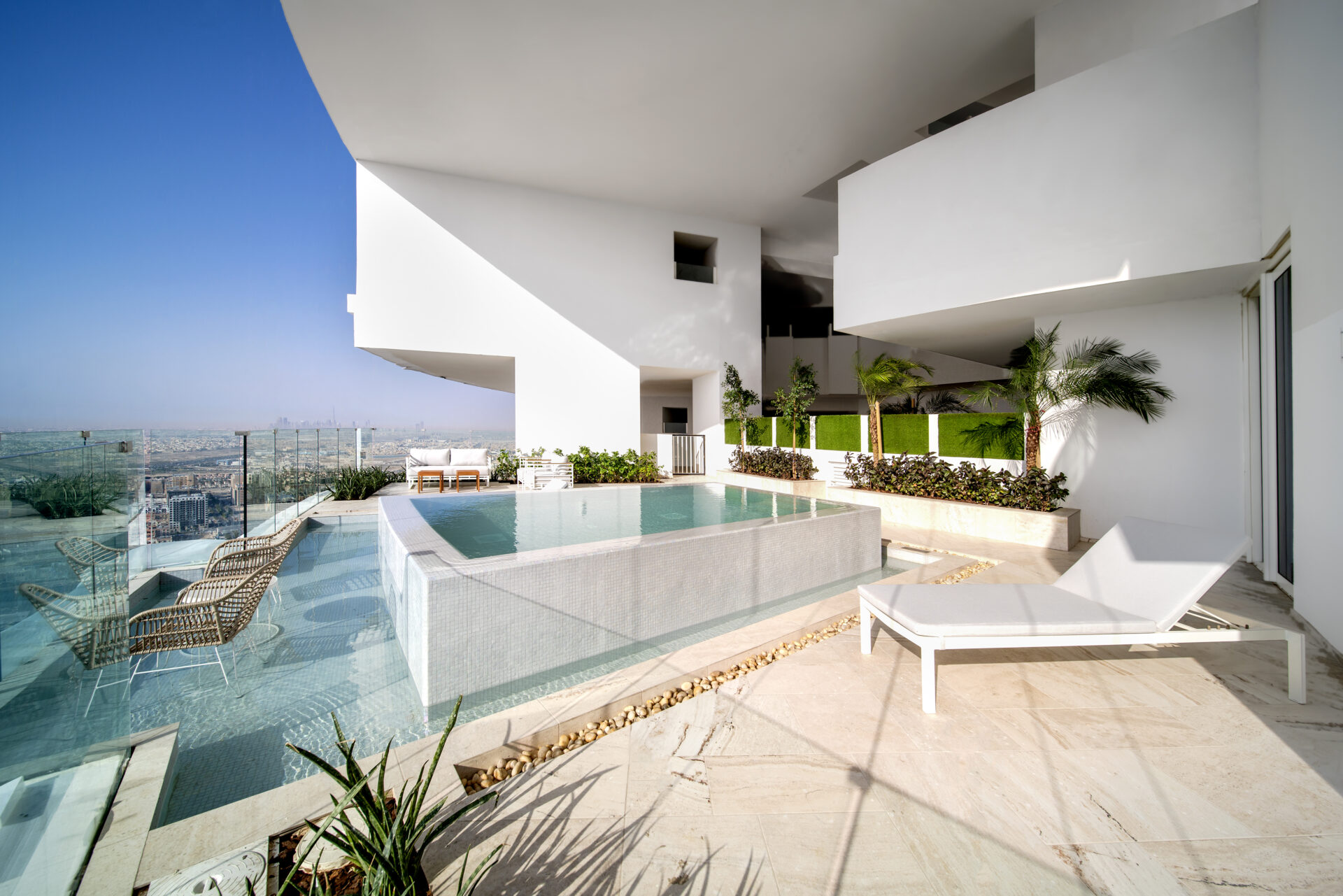FIVE Jumeirah Village private pool balcony room with Dubai skyline views