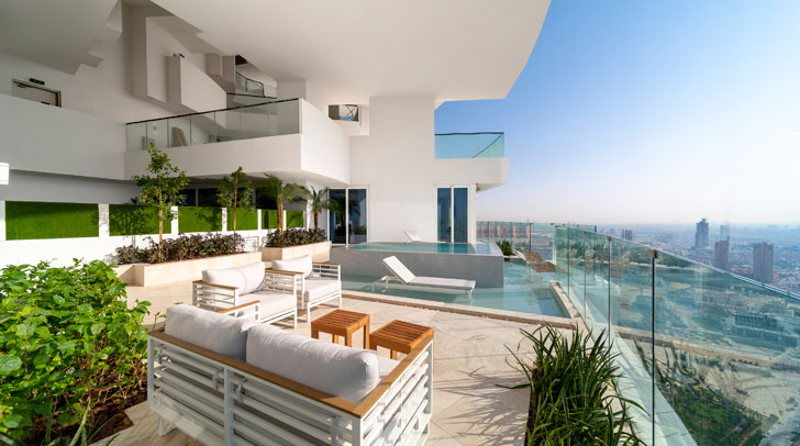 FIVE Jumeirah Village pool and skyline view