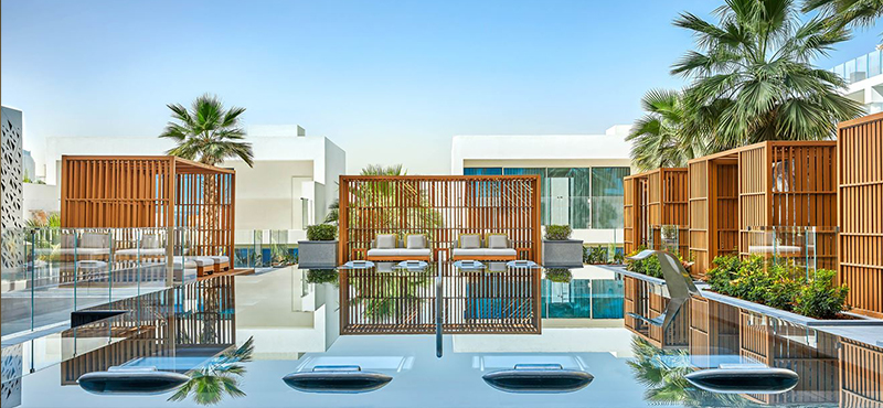 FIVE Palm Jumeirah Sky Villa private infinity pool at sunset with Palm views