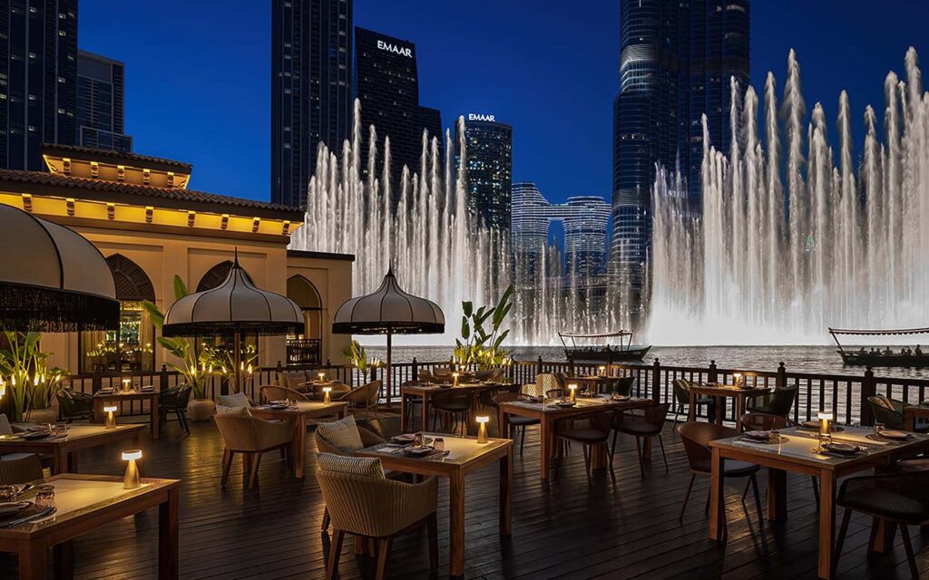Palace Downtown Dubai Arabian palace on the Fountain lake with Burj Khalifa view and Thiptara restaurant terrace