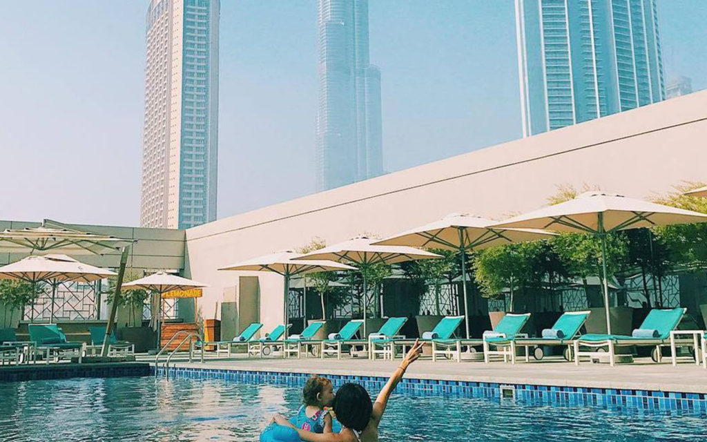 Rove Downtown Dubai budget hotel pool with direct Burj Khalifa view in Downtown Dubai near Dubai Mall