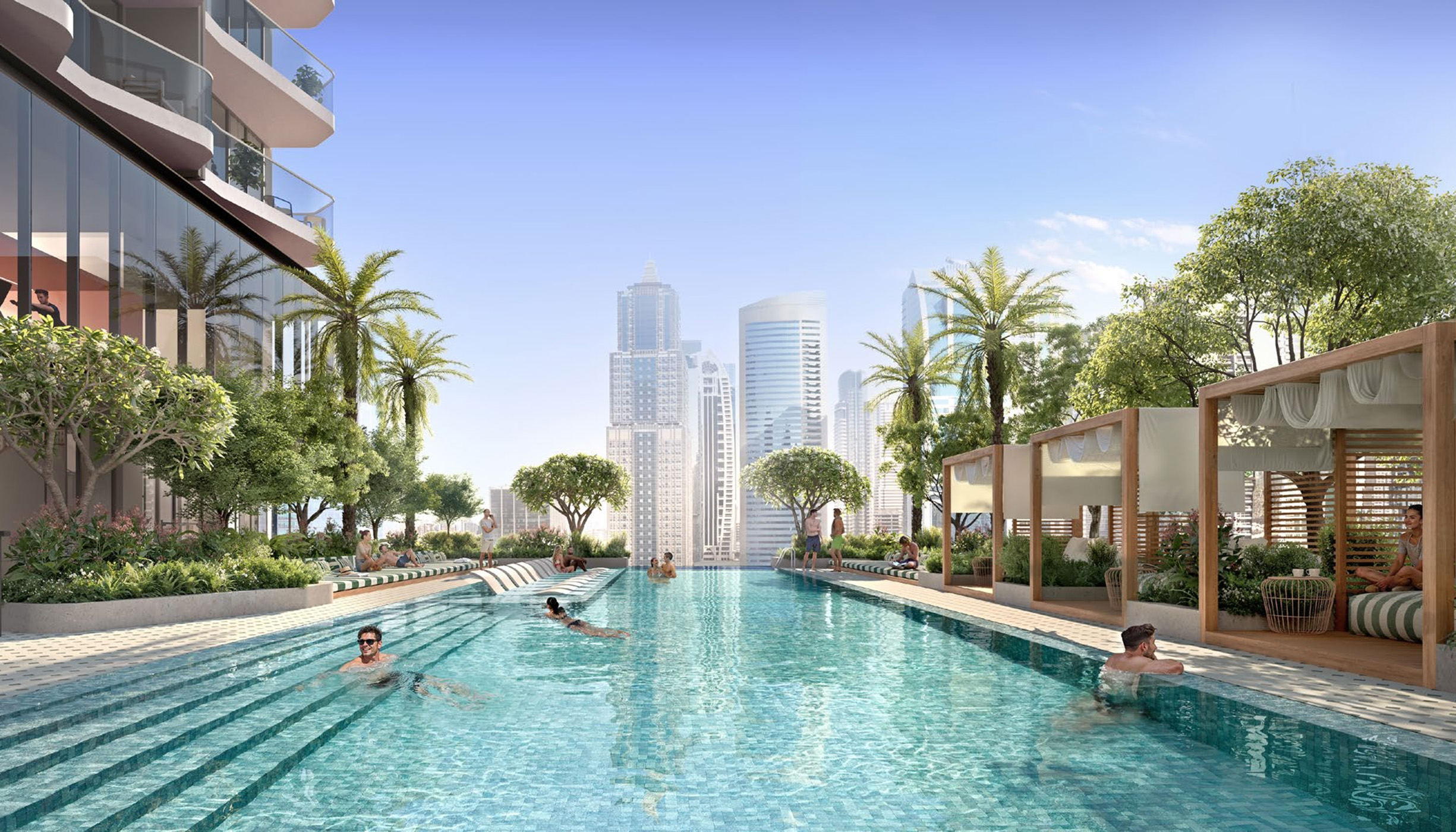 Rove Dubai Marina hotel pool area with Dubai Marina skyline views and modern design