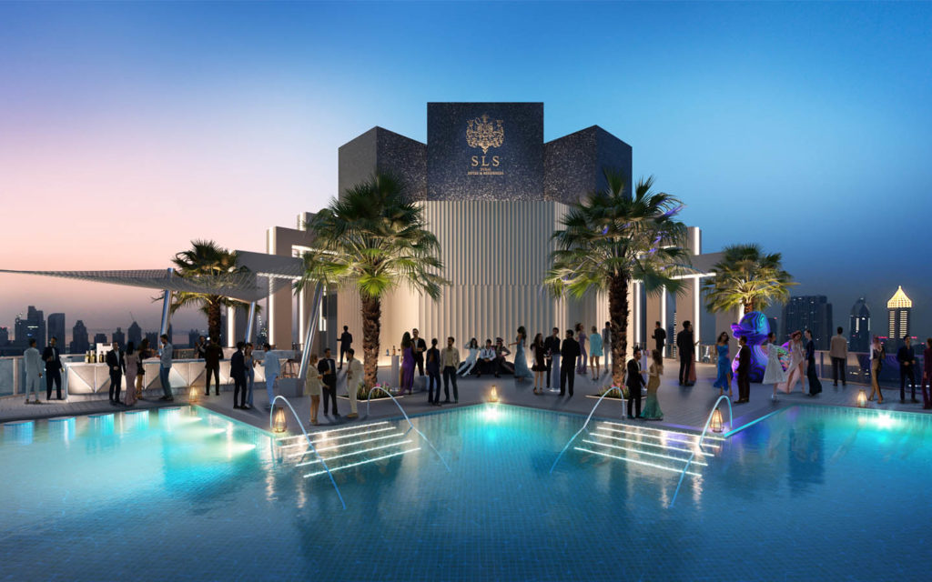 SLS Dubai Hotel design trendy adults-only pool Business Bay with Burj Khalifa view
